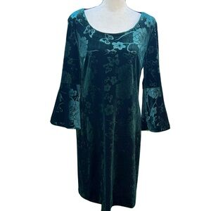 Karla Lagerfeld NWOT Pine Green Floral Velvet Bell Sleeve Midi Dress Size 8